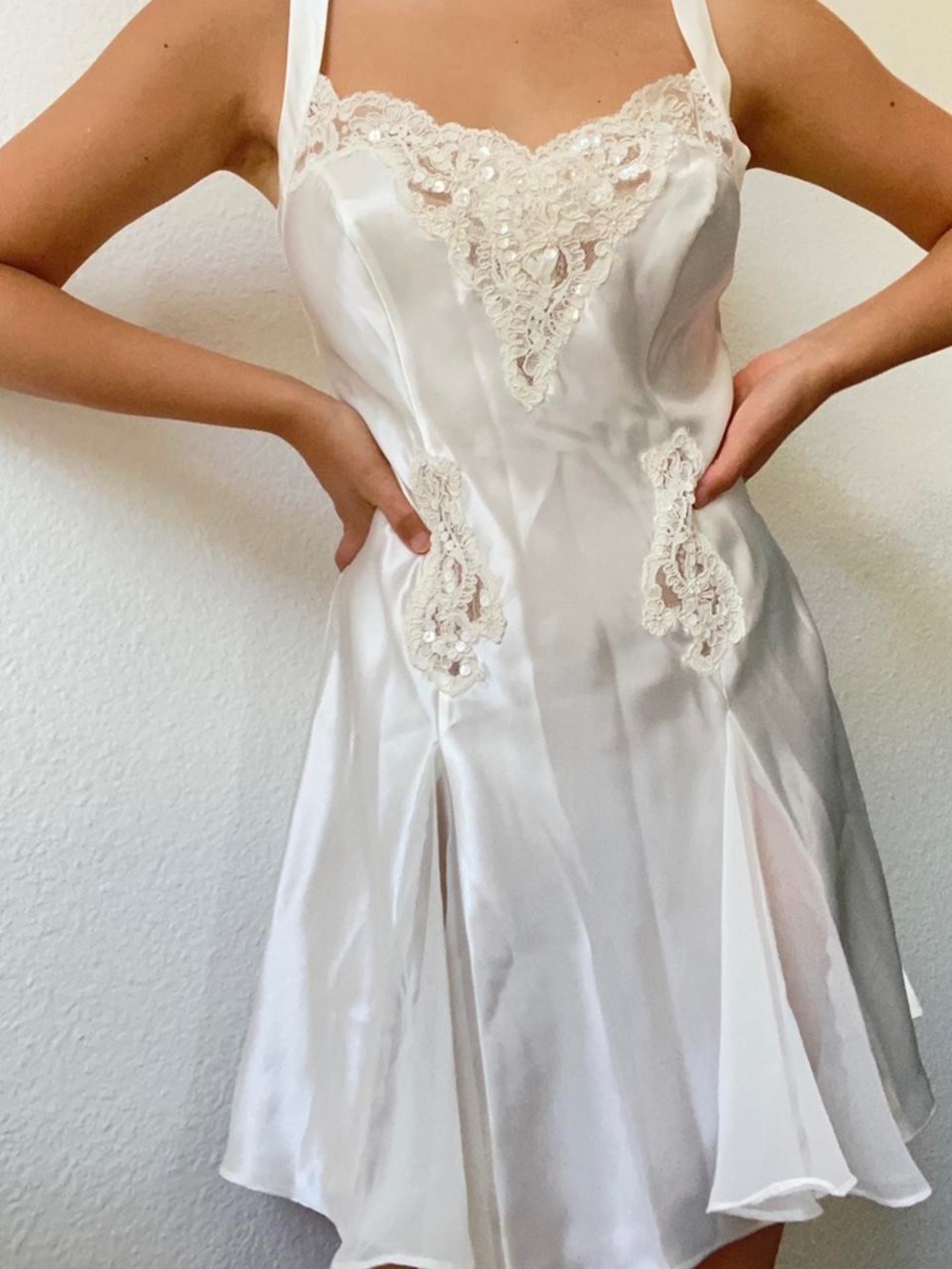 Vintage Victorias Secret Ivory Satin Lace Trim Slip Dress